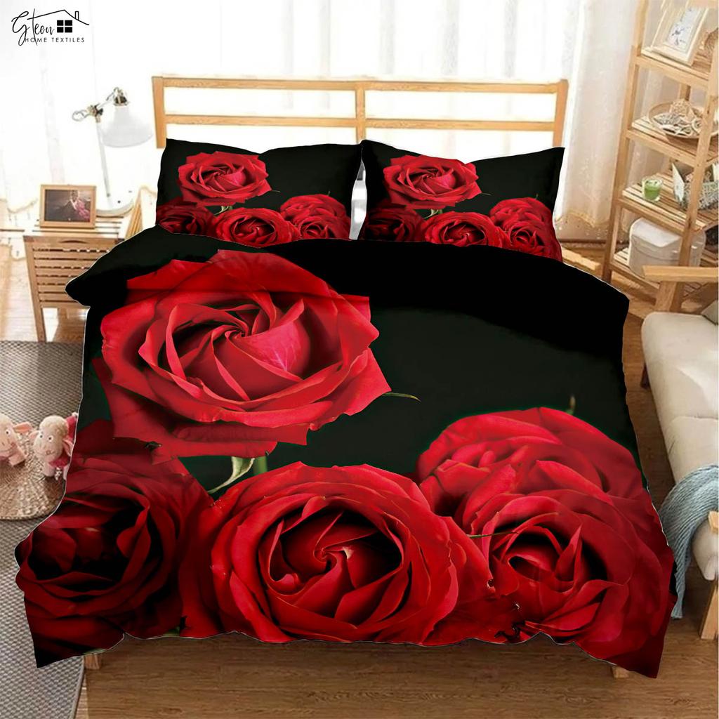 Czarna Retro Czerwona Róża Drukowana 3D Poszewka na Kołdrę Styl Pasterki Zestaw Pościeli Walentynkowej Poszewka na Poduszkę Poszewka na Kołdrę Zestaw Trzyczęściowy