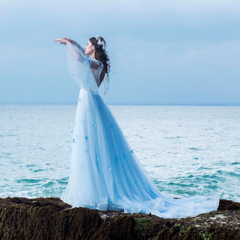 green emerald velvet dress Light Blue Beaded Long Sleeve Bridal Gown