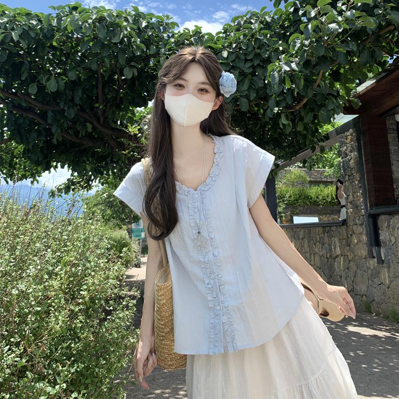 

Summer lace design sense loose thin small flying sleeve shirt versatile temperament shirt top L