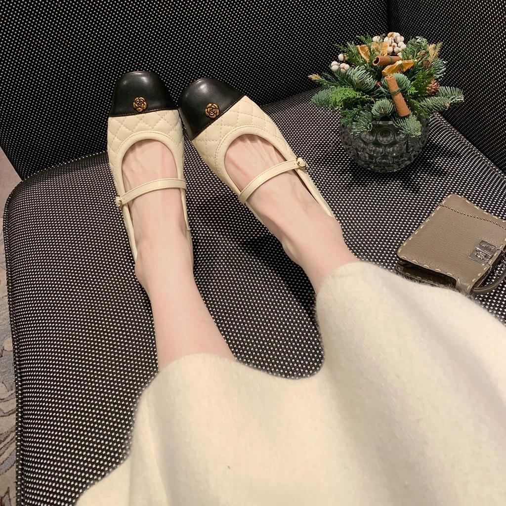 First encounter super soft inner height increase camellia Mary Jane shoes winter small fragrant wind rhombus color matching and velvet single shoes