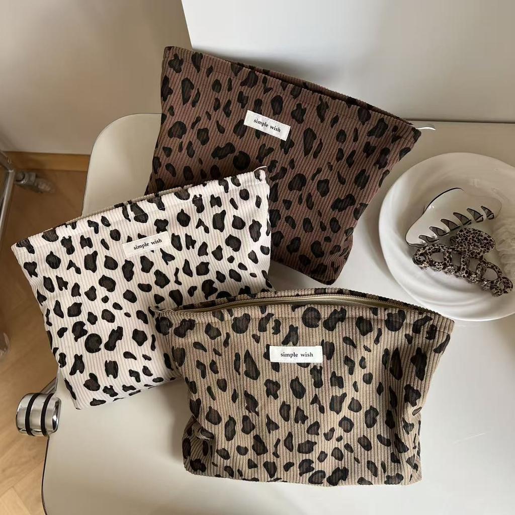 Cord Retro Leopardenmuster Kosmetiktasche Lippenstift Kosmetik-Organizer Reißverschlusstasche Reise Wasch- und Aufbewahrungstasche für Damen