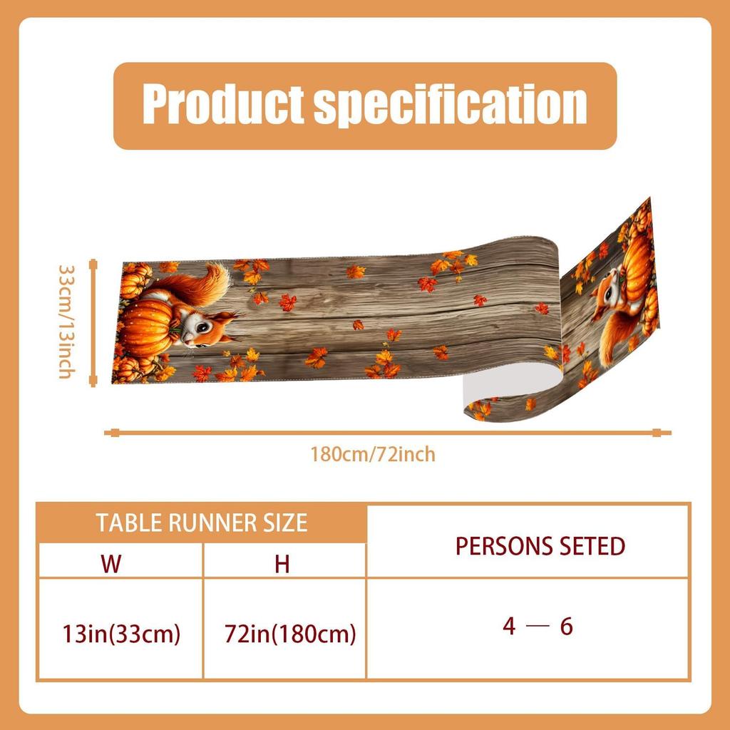 Pumpkin Squirrel Fall Table Runner 72 Inch Seasonal Autumn Thanksgiving Kitchen Dining Room Table Decorations for Home Party Decor