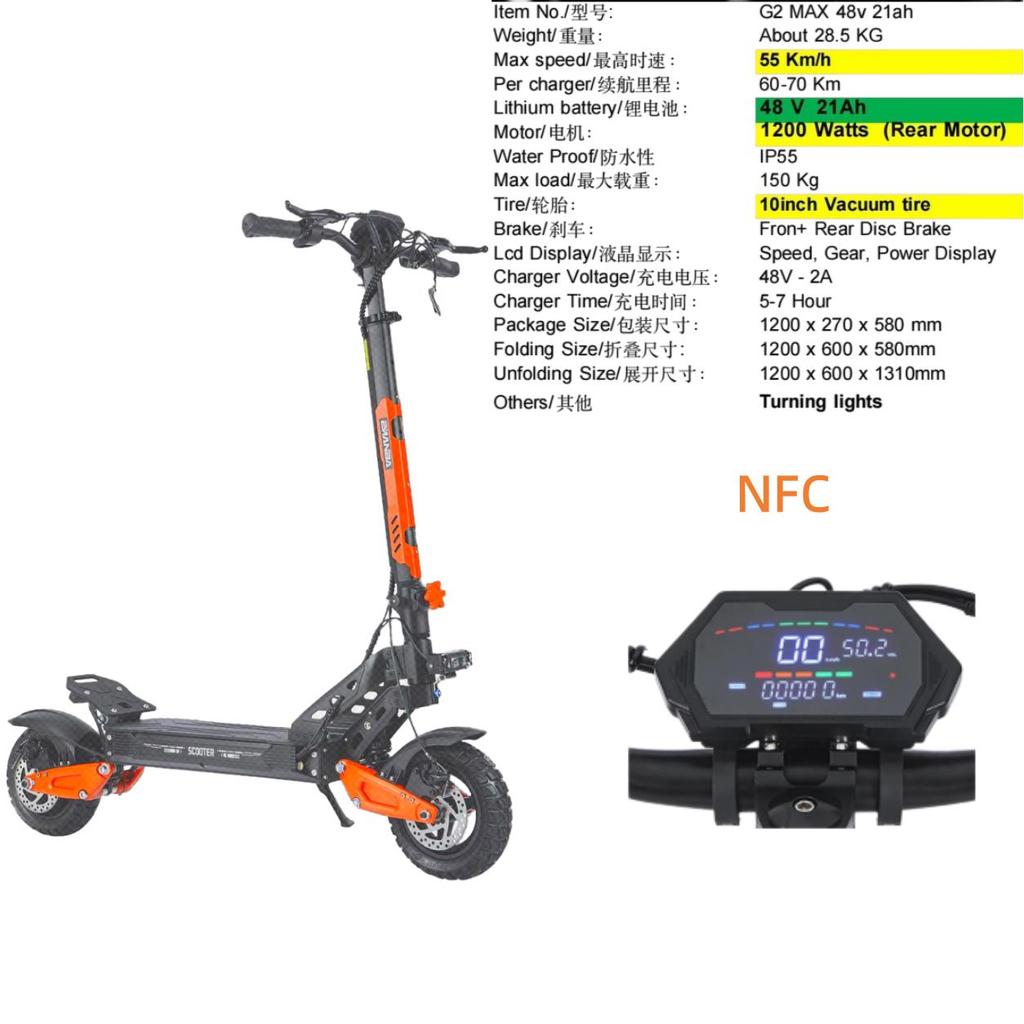 G2 MAX 1200W 48V 21ah 55 KM/H elektrische step, opvouwbaar, met zadel, voor stads- en off-road gebruik E Scooter