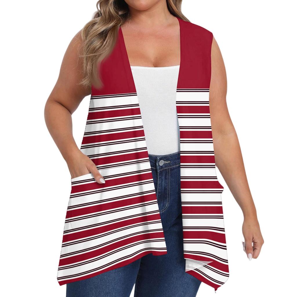 Damen Übergröße Locker Lässig Bedruckt Ärmellos Weste mit Tasche Strickjacke Jacke Strickjacke Jacke