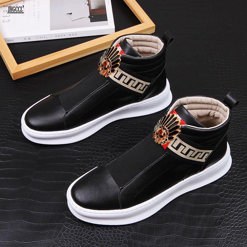 New Men's Cleats Men's Leather Loafers Men's Shoes Thick High-top Riding Boots Plus Size 46 A5