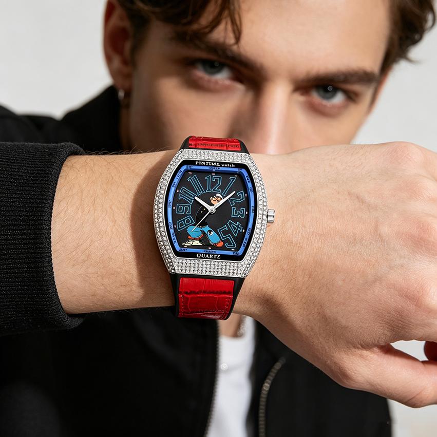 New Iced Out Men's Watch Tonneau Luxury Diamond Hip Hop Quartz Watch Cartoon Sailor Man Creative Fashion Relogio Masculino