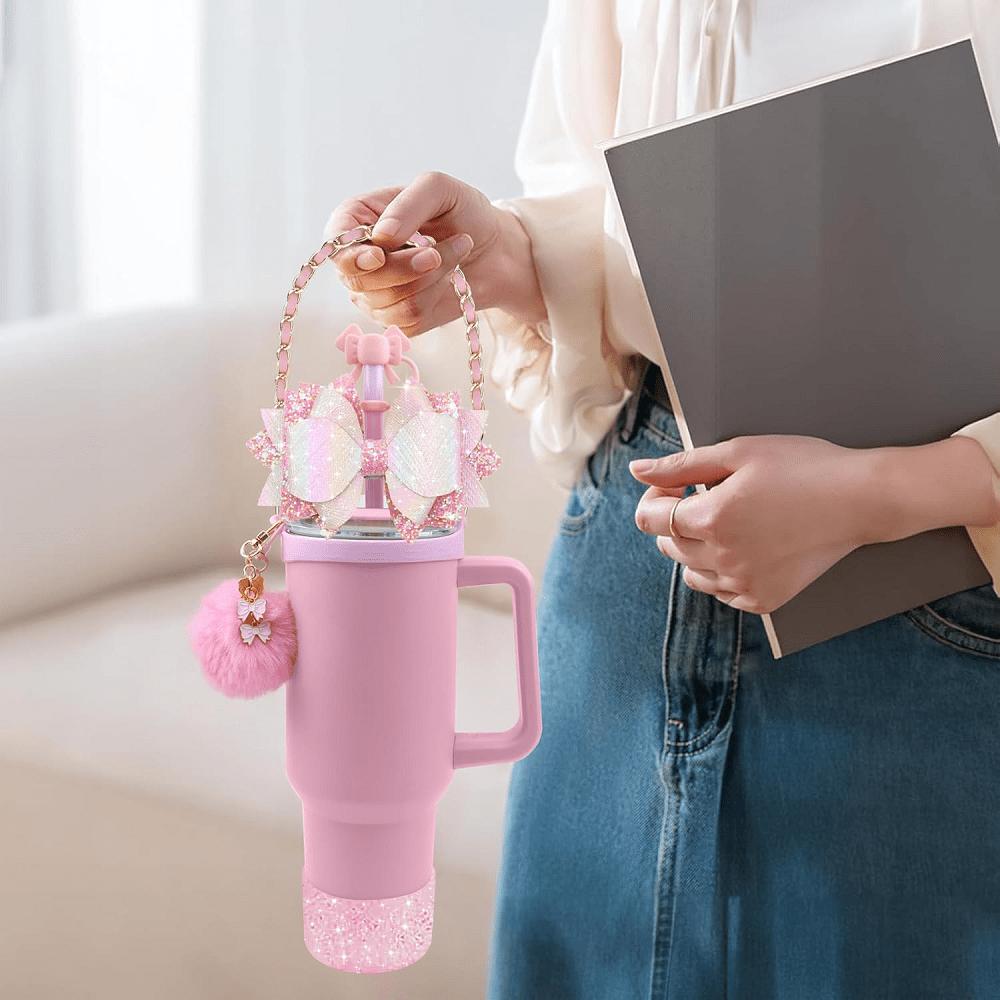 Bicchiere termico incluso Tappo per cannuccia a forma di fiocco carino in silicone, Base in silicone per bicchiere, Cinturino manico in pelle per borraccia, Ciondoli