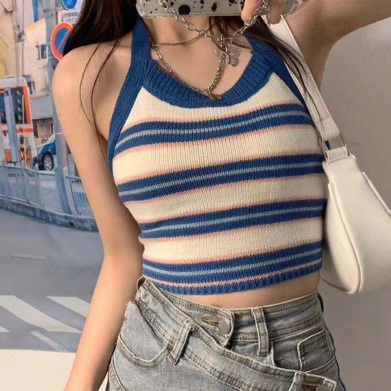 

Summer New Spice Girls Striped Short Crop-neck Knit Tank Top Women s Back Bow Strap Halter Top One size