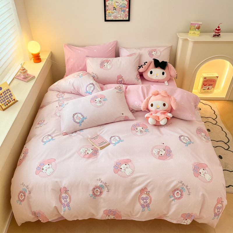 Hello Kitty All-Cotton Cute Cartoon Girl Fitted Sheet & Duvet Set - 4-Pc Dorm Style