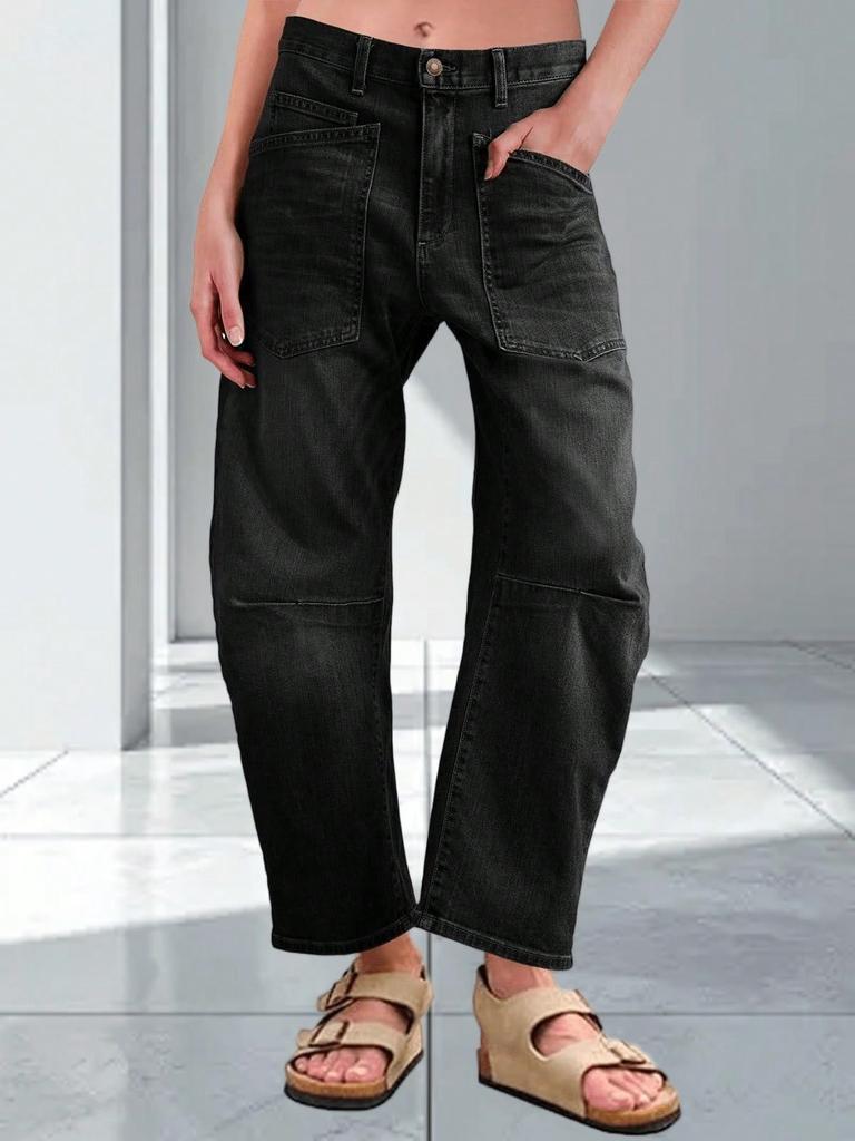 Jeans a Vita Alta Larghi a Barile da Donna Boyfriend Gamba Larga Corti in Denim