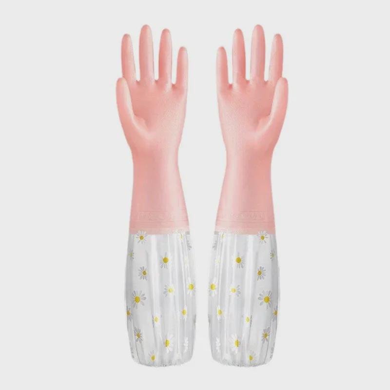 Creative Jelly Color Latex Kitchen Gloves - Long, Waterproof, Plastic Cuff, Ideal for Dishwashing and Laundry.