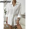 IHUASU Women's Spring and Summer Fashion Solid Colour Long-sleeved Shirt Suit Women Casual Loose Shorts Two-piece Set