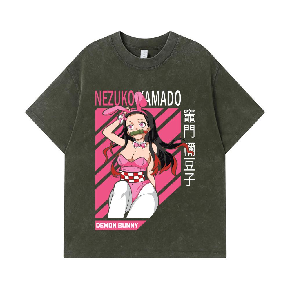 

275 GSM Washed T-shirts 100% Cotton Demon Slayer V82 Nezuko Waifu Print Unisex Heavy Cotton T Shirt S армия зеленый