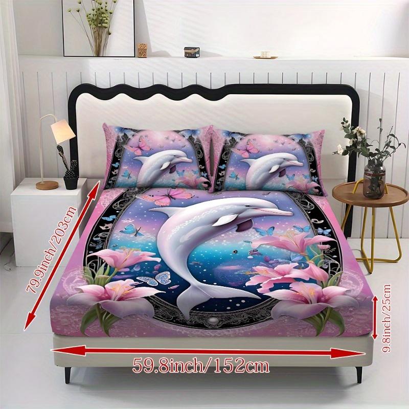 3Pcs Flower Dolphin Patterned Mattress Protective Cover (1 * Bed Sheet + 2 * Pillowcases) Skin-Friendly  for Home  Four Seasons