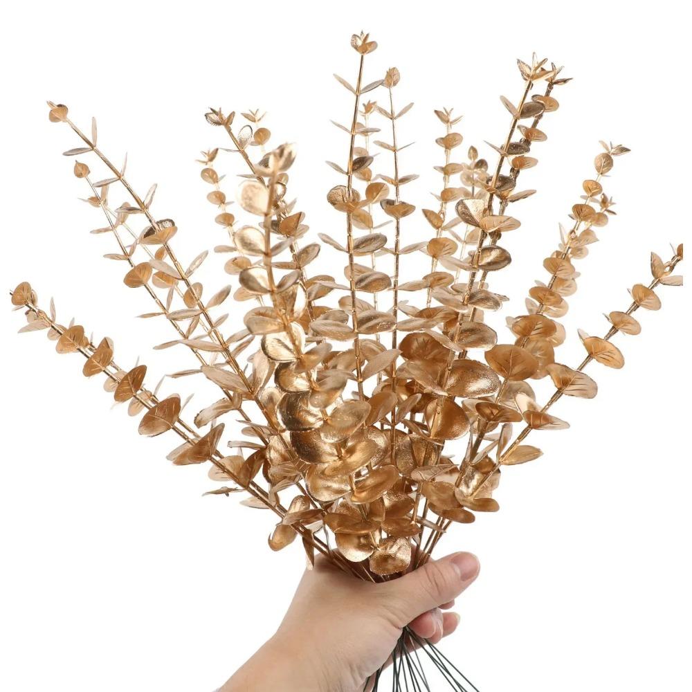 5/10/20pcs Artificial Eucalyptus Branch Golden Leaves Plants for Home Wedding Decoration Winter Christmas Arrangement Bouquet