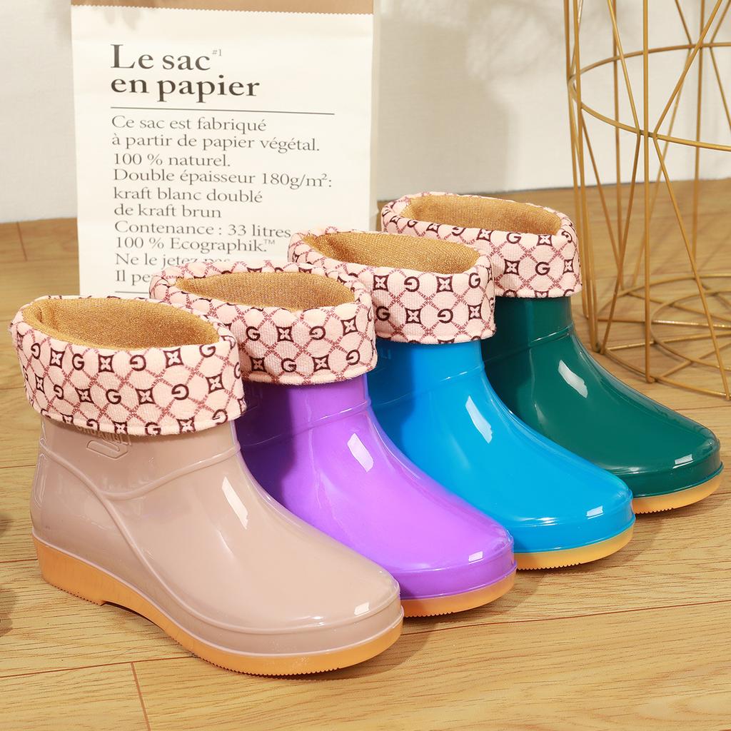 Short tube four-season women's mother waterproof and non-slip cleaning rain shoes with cotton cover to keep warm