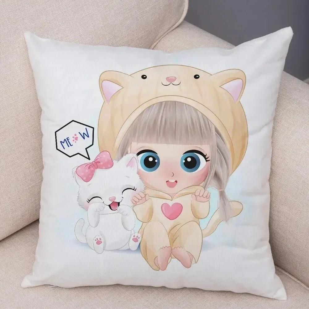 Cute Girl and Cat Pillowcase Decor Cartooncute Children Cushion Cover for Sofa Home Super Soft Peach Skin Pillow Case 45x45cm