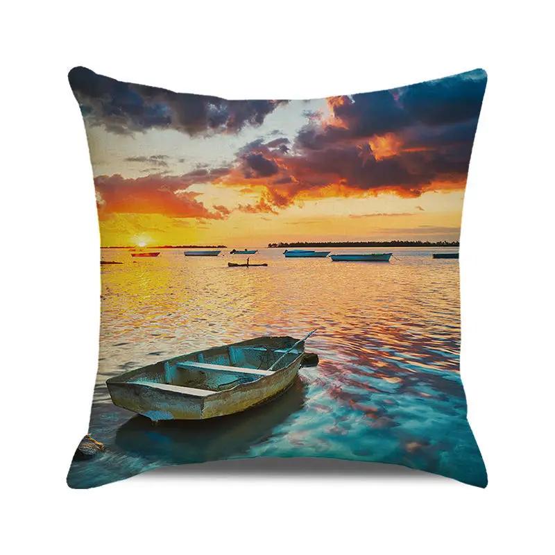 Blue Ocean Style Square Cushion Cover 45x45 cm Beach Coconut Grove Sunset Scenery Print Pillowcase Home Decor Linen Pillow Cover