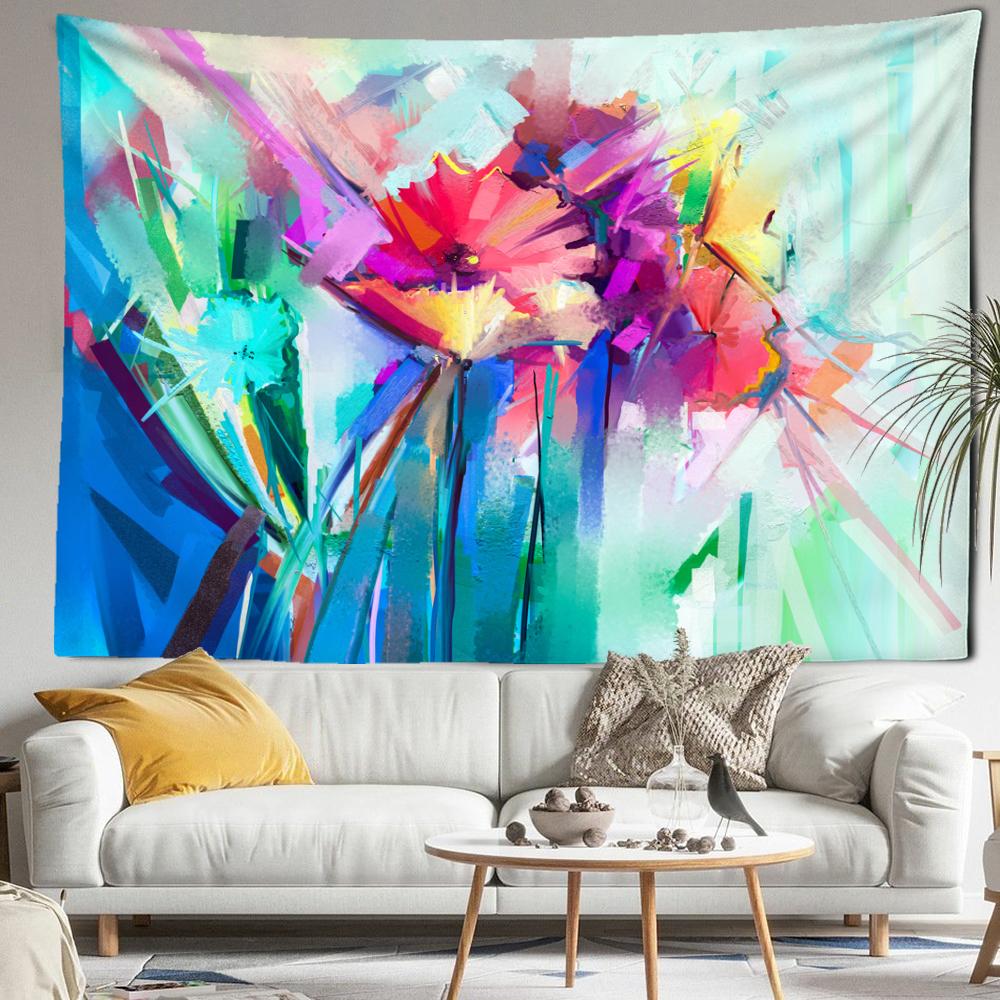Blue Flower Oil Painting Tapestry Wall Hanging Hippie Tapez Simple Art Living Room Aesthetic Room Decor