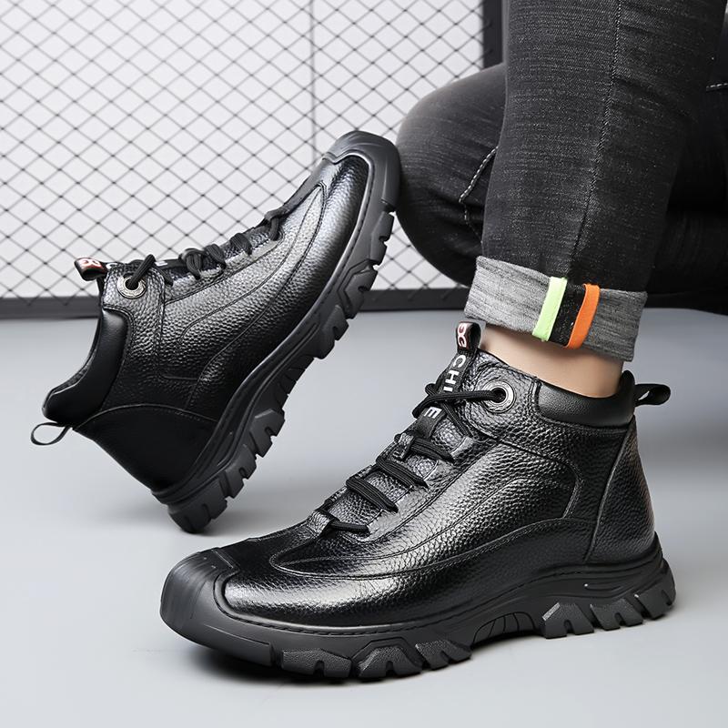 Fashion Leather Safety Shoes Men Work Boots Classic Thick Soled Men Black High Top Cotton Shoes Winter Outdoor Plush Warm Boots