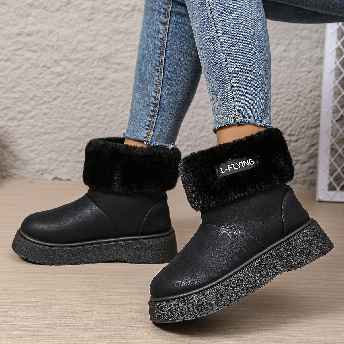 

Women s Cuff Detail Faux Fur Lined Snow Boots - Slip-On Platform Winter Boots, Korean Style Cozy Boots for Cold Weather 41 чорний