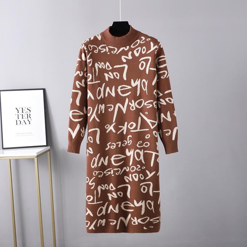 Women's Autumn and Winter Half-high Collar Retro Knitted Pullover Long-sleeved Letter Graffiti Sweater Dress