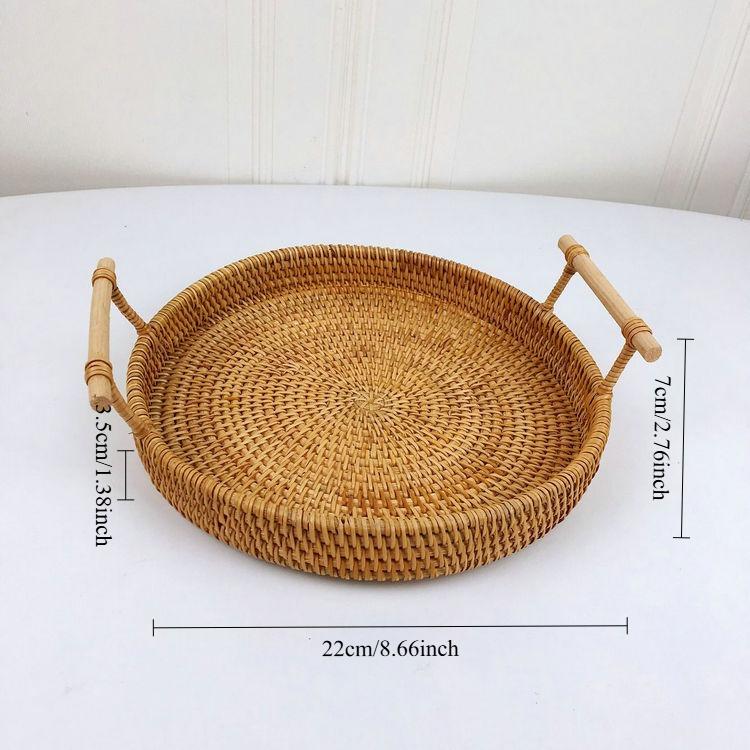 1pc Artisanal Woven Rattan Serving Tray,Dual Handles, Multipurpose Tea and Snack Presentation Platter, Ideal Bread Basket