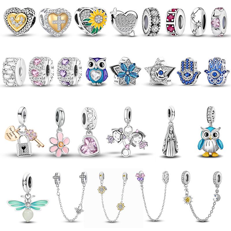 Copper Blue Owl Girl Moon Star Sunflower Bird Charms Beads Fit Original Pan Bracelets Bangles Fine Jewelry Gift