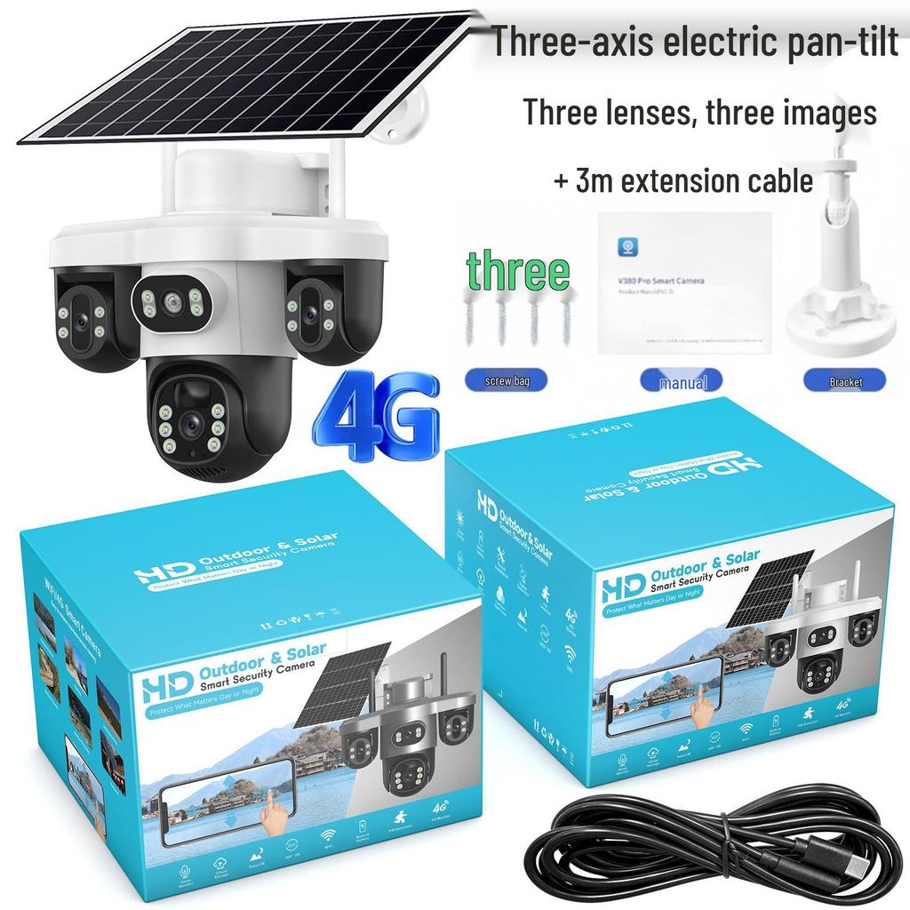 V380 Solar-Powered 4G Outdoor Camera with Triple Lens and Gimbal Rotation