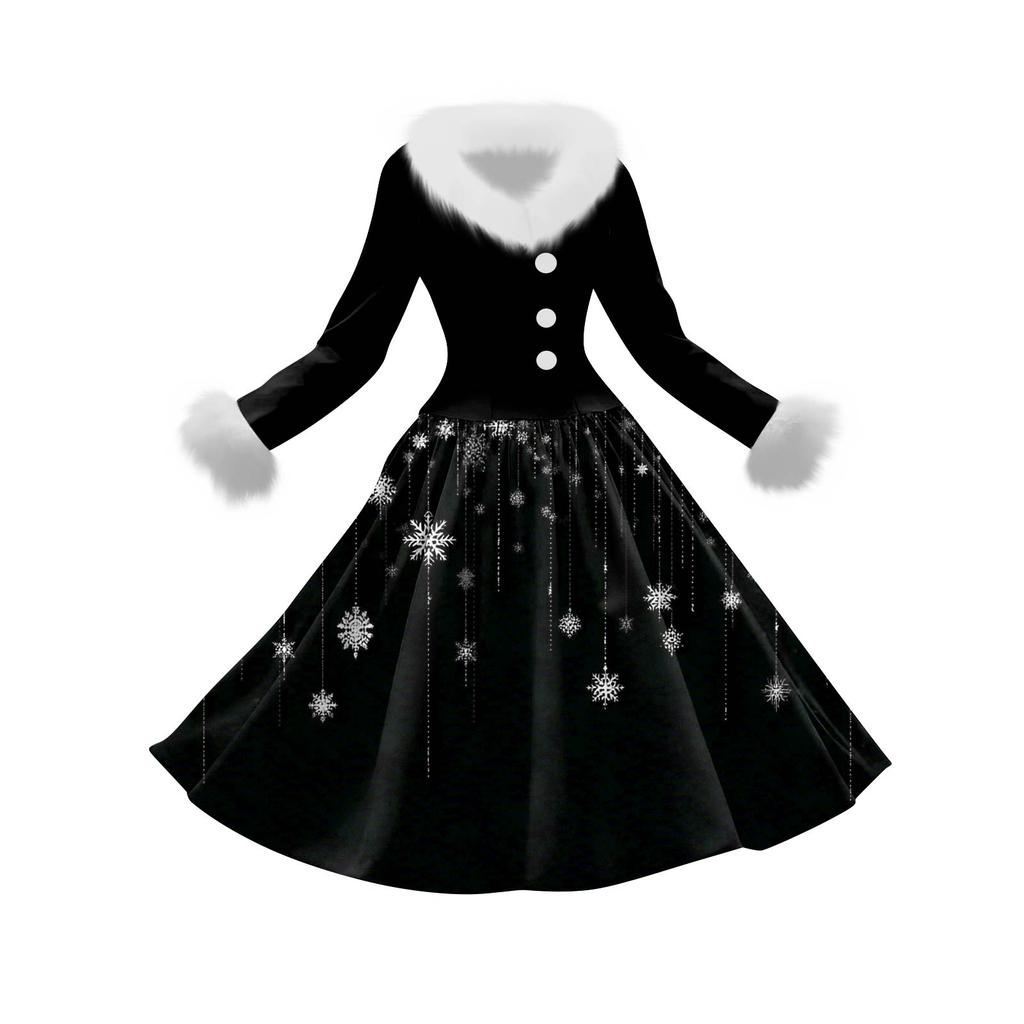 Damen Freizeitkleid Langarm V-Ausschnitt Patchwork Fleece Weihnachtsprint Kleid