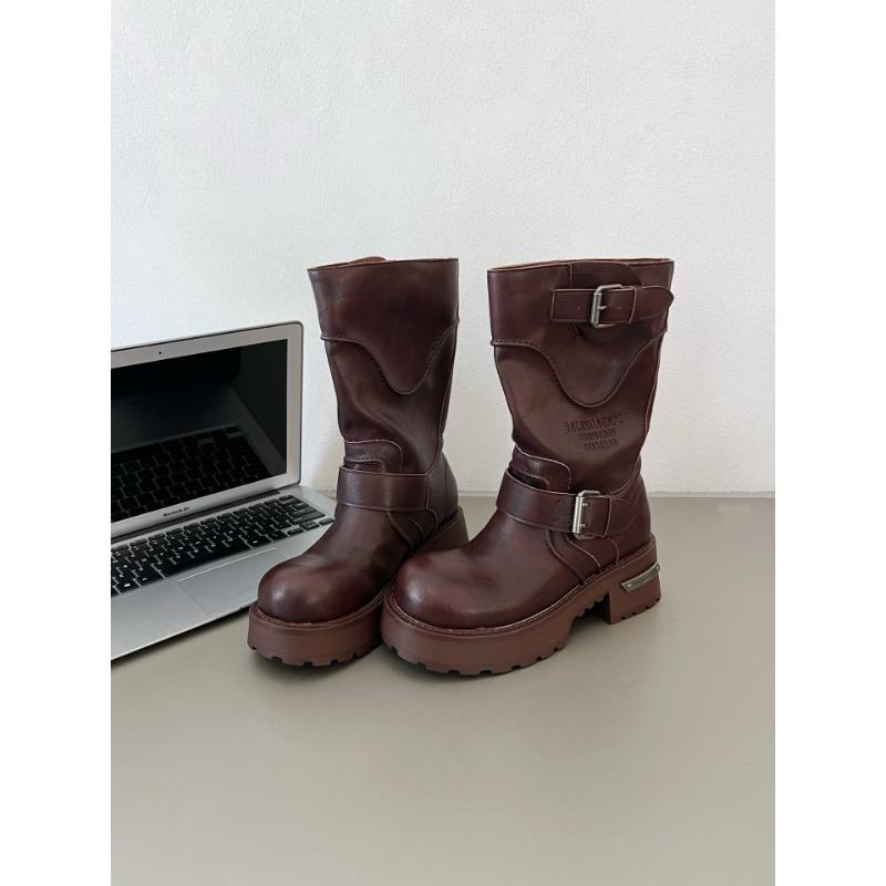 

New retro British Martin boots women s leather fashion platform knight boots strap locomotive boots tooling autumn and winter 40 коричневий