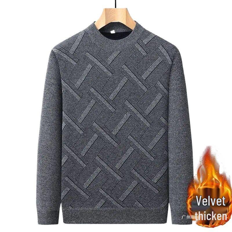 Men's Plus Velvet Thick Knit Sweater - Round Neck, Warm, Loose Fit, Perfect for Middle-Aged & Elderly