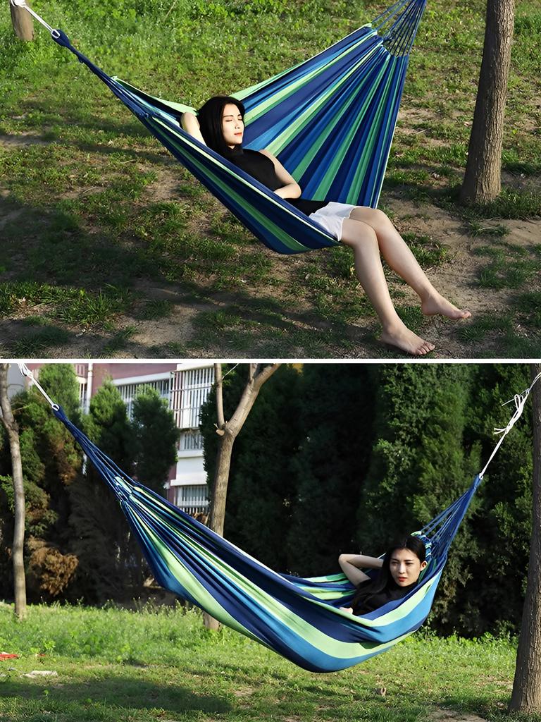 Blue 260 * 75cm outdoor camping hammock with rope, anti rollover canvas hammock, double thick hammock