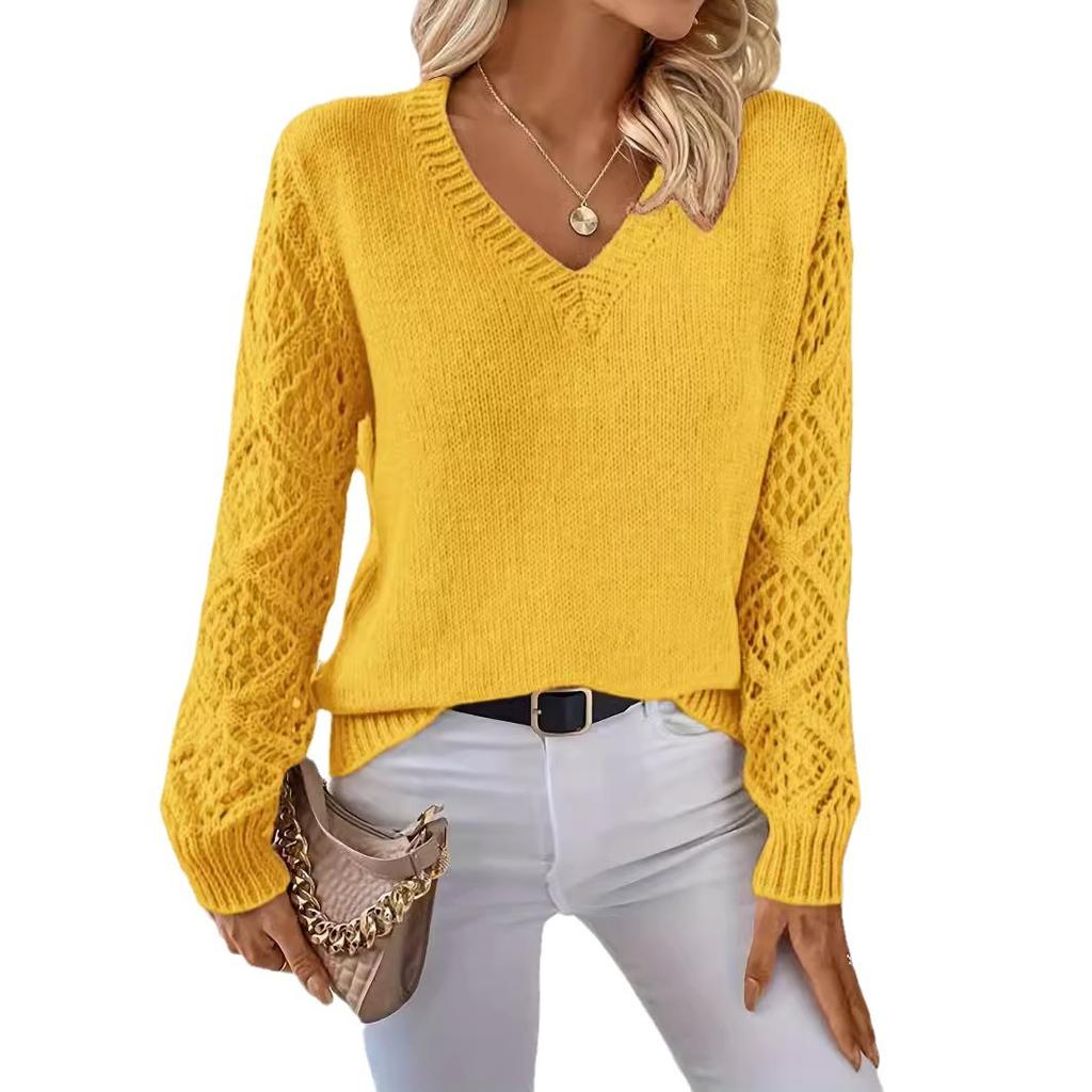 Hollow-out Knitted Sweater Women's Pullover Long-sleeved Crochet Jacquard Loose V-neck Bottoming Top