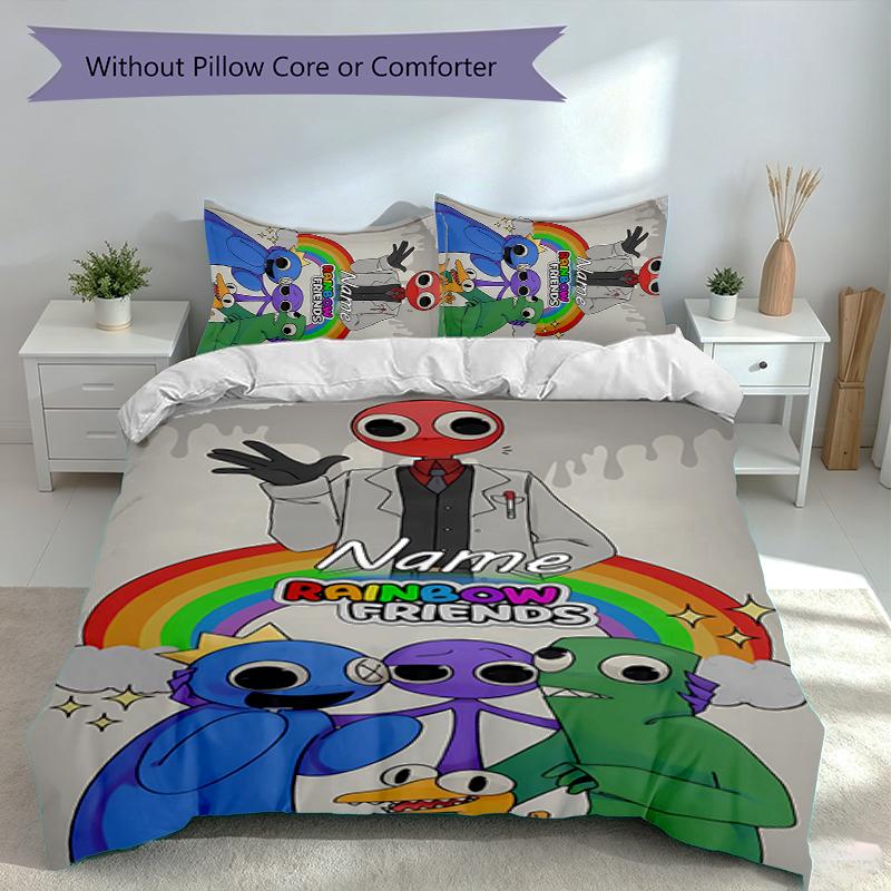 3pcs Custom Name Rainbow Friends Bedding Set,Includes 1 Duvet Cover and 2 Pillowcases,All-season Bedroom Decor