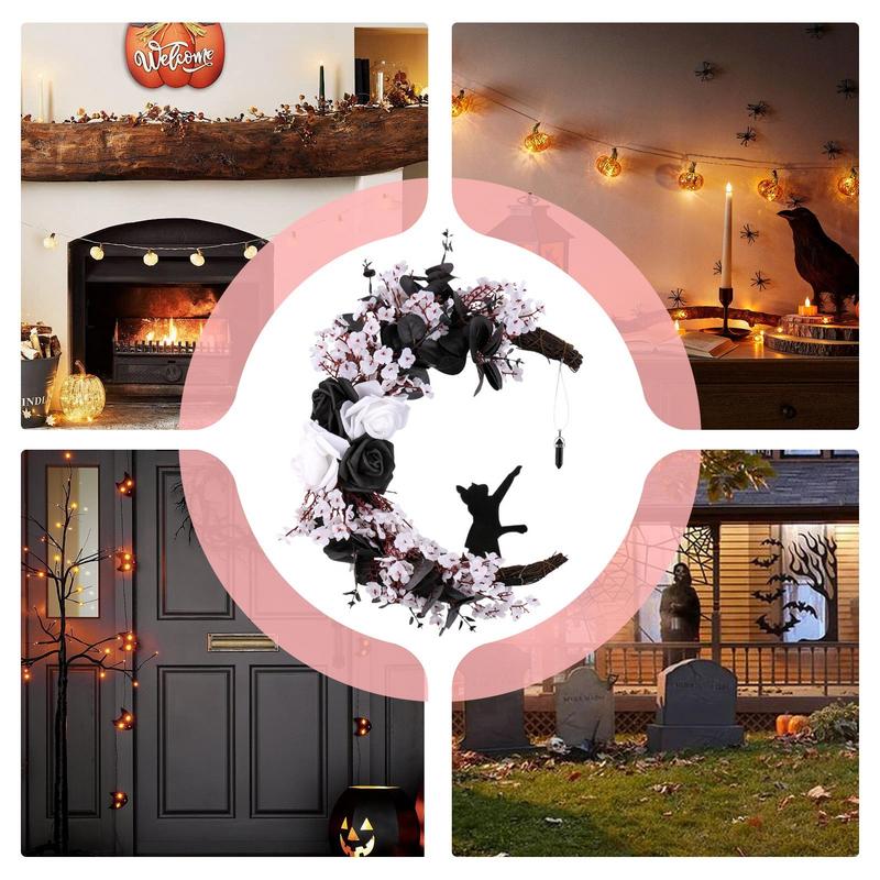 Black Roses Artificial Flowers Moon Shaped Garland Cat Door Wreaths Halloween Decoration Simulation Plants Flower Wall Hangings