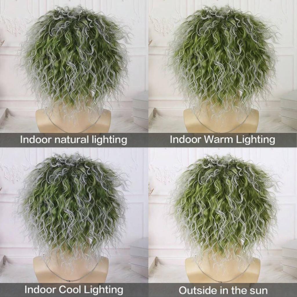Peluca Verde Corta Rizada Sintética con Gorro Calvo, Cabello Rizado Ondulado Esponjoso para Disfraz, Peluca de Fiesta Cosplay Halloween, Fibra Estilo Anime de 6 Pulgadas