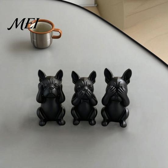 One-piece Molded Dog Figure 3D Printed French Bulldog Statues Set of 3, Matte Black Sculpture, Minimalist Bull Durable Desk Accessory Figurines