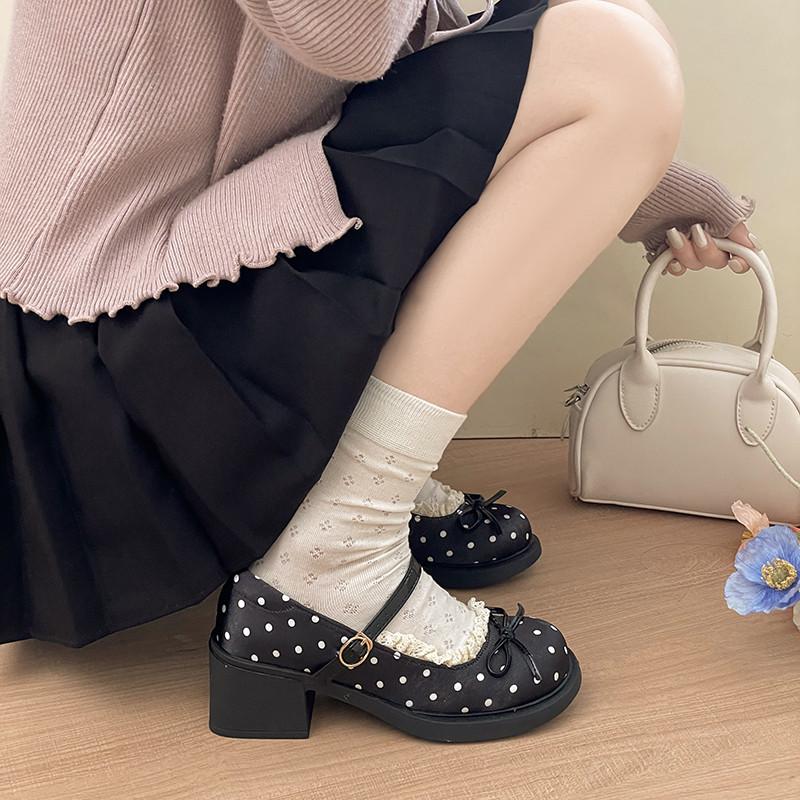 Cute Polka Dot Thick Heel Women Mary Jane Shoes Comfort Shallow Strap Pumps Ladies Eelgant Butterfly-knot Dress Single Shoes
