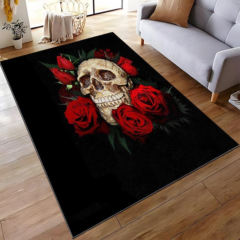 Skull and Red Roses Pattern Carpet, Gothic Style, Black Background Suitable for use as an anti-slip for living room bedroom sofas