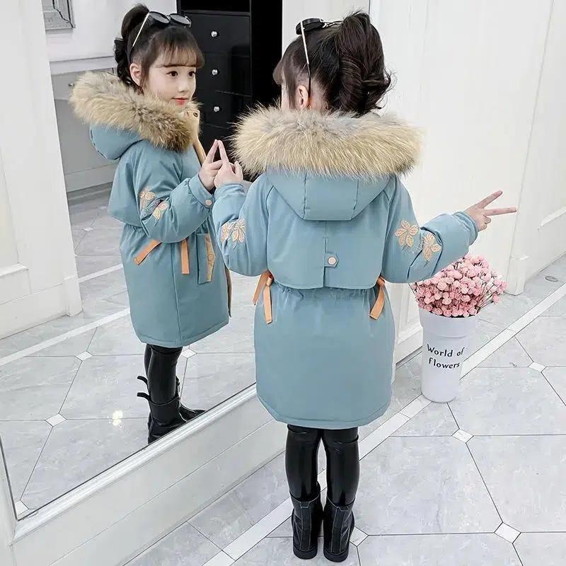 Girls' Winter Clothes Cotton Jacket Korean Version Fashionable Embroidered Cotton Jacket with Thick Fur Collar and Cotton Jacket