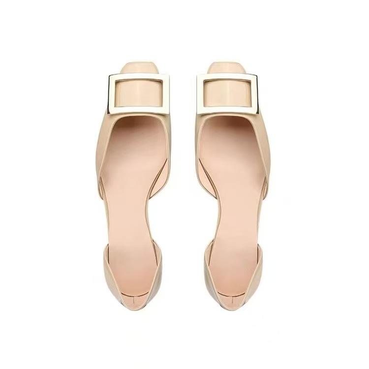Fashion Single Shoes Commuter RV Square Buckle Patent Leather Square Head Shallow Mouth Hollow Flat Bottom Women's Single Shoes Versatile Low Heel
