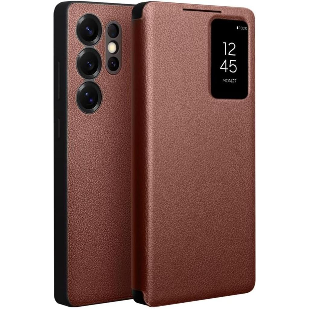 Genuine Leather Smart Case for Samsung Galaxy S25 Ultra Light Phone Cover with Smart View Case for S25 Ultra(Only for S25 Ultra Black)