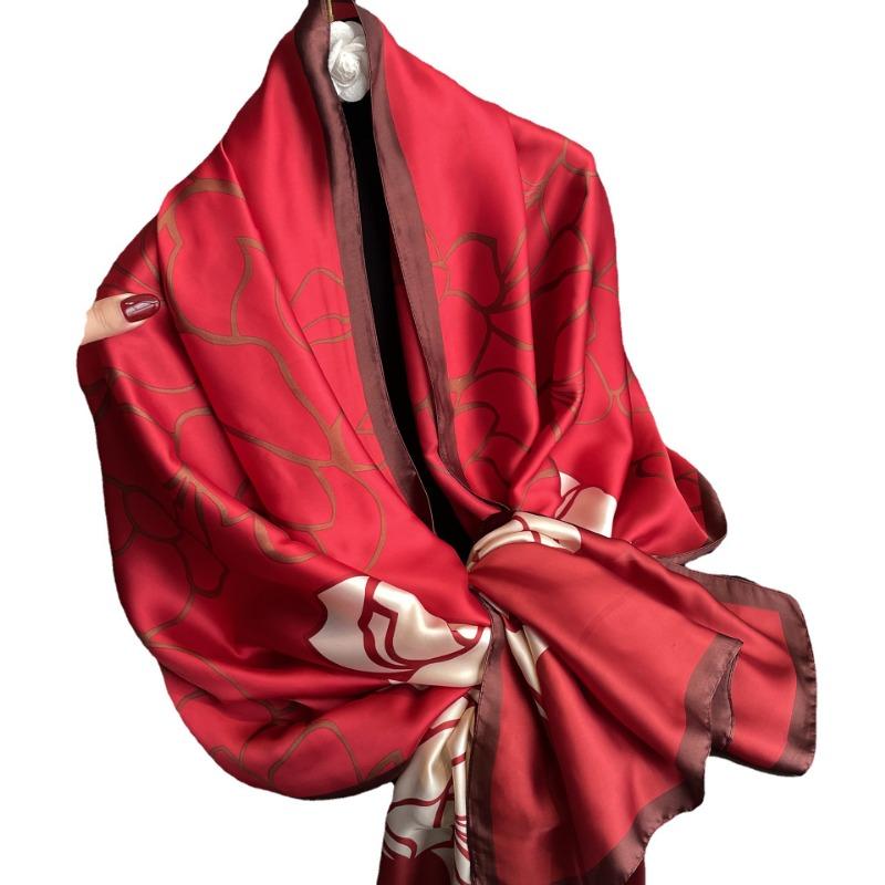 Red Big Flower Luxury Scarf Women's Goods New Silk Scarf Long Large Size Travel Shawl Sun Protection