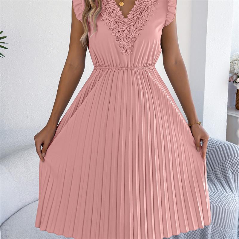 2026 Spring/Summer Women's Lace V-neck Black Ear Edge Waist Pleated Dress S-XL