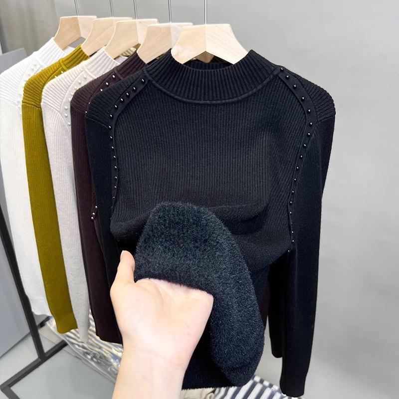 Fleece semi-turtleneck sweater women's integrated fleece bottoming sweater autumn and winter new beaded knitted sweater with thick top inside