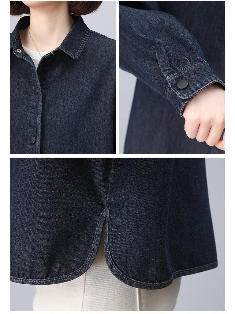 Women's Autumn Denim Shirt Jacket - Petite Casual Long-Sleeve Top