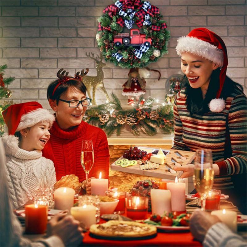 25/30cm Christmas Wreath Grid Bownot Simulated Berry Pinecone Wreaths Front Door Garlands Hanging Ornament Happy New Year Decor