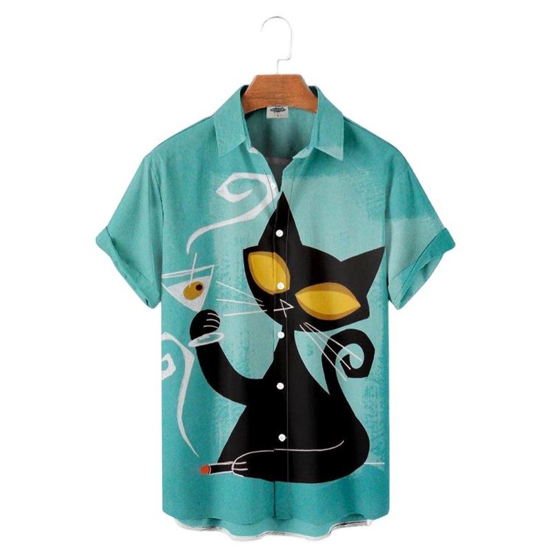 Hawaii Men's Shirt Anime Shirt Cartoon Short-sleeved Tops Summer Casual Men's Clothes Street Animals Cats Retro 3d Tees