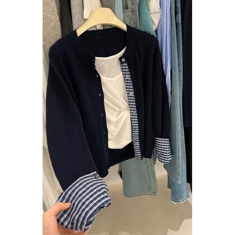 Contrast Color Fake Two-piece Plaid Cardigan Spring Slack Women's Top Soft Waxy Knitted Sweater Jacket